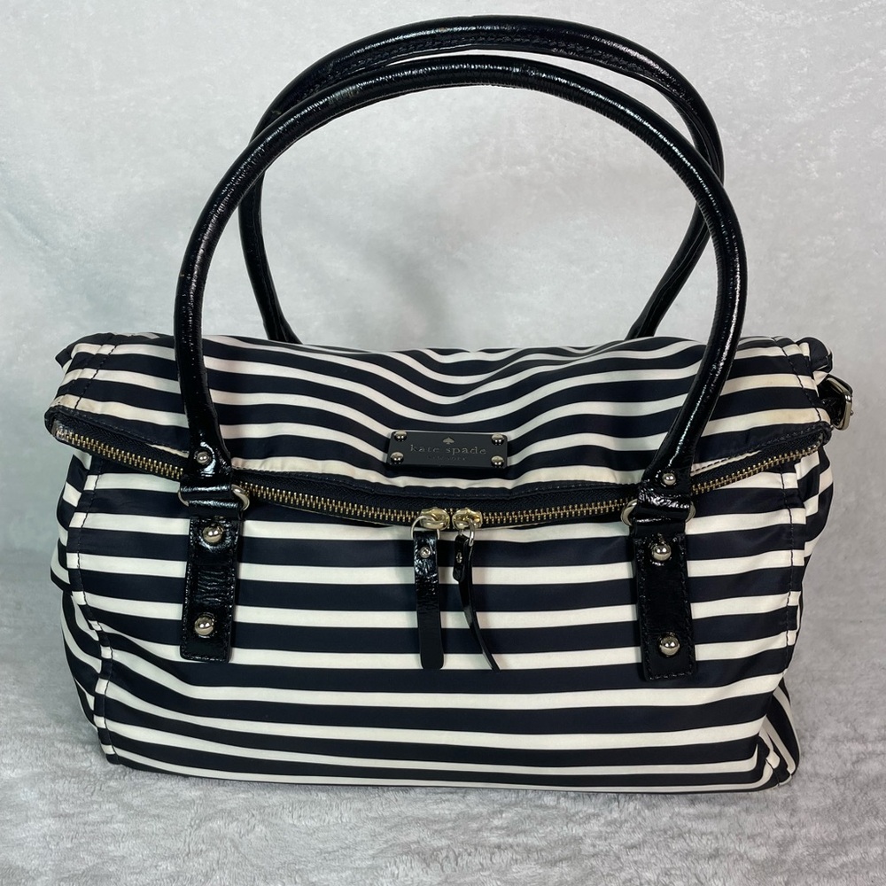 Kate Spade ♠️ Leslie Fold Over Black and White Striped Bag